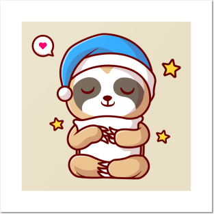 Cute Sloth Sleeping With Pillow And Star Cartoon Posters and Art